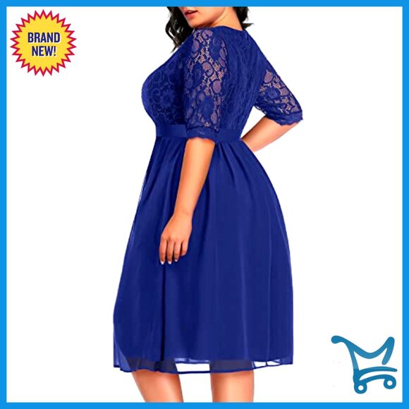 Plus Size Lace Chiffon Wrap V Neck Midi Dress Cocktail Wedding Guest Elegant - Picture 5 of 7